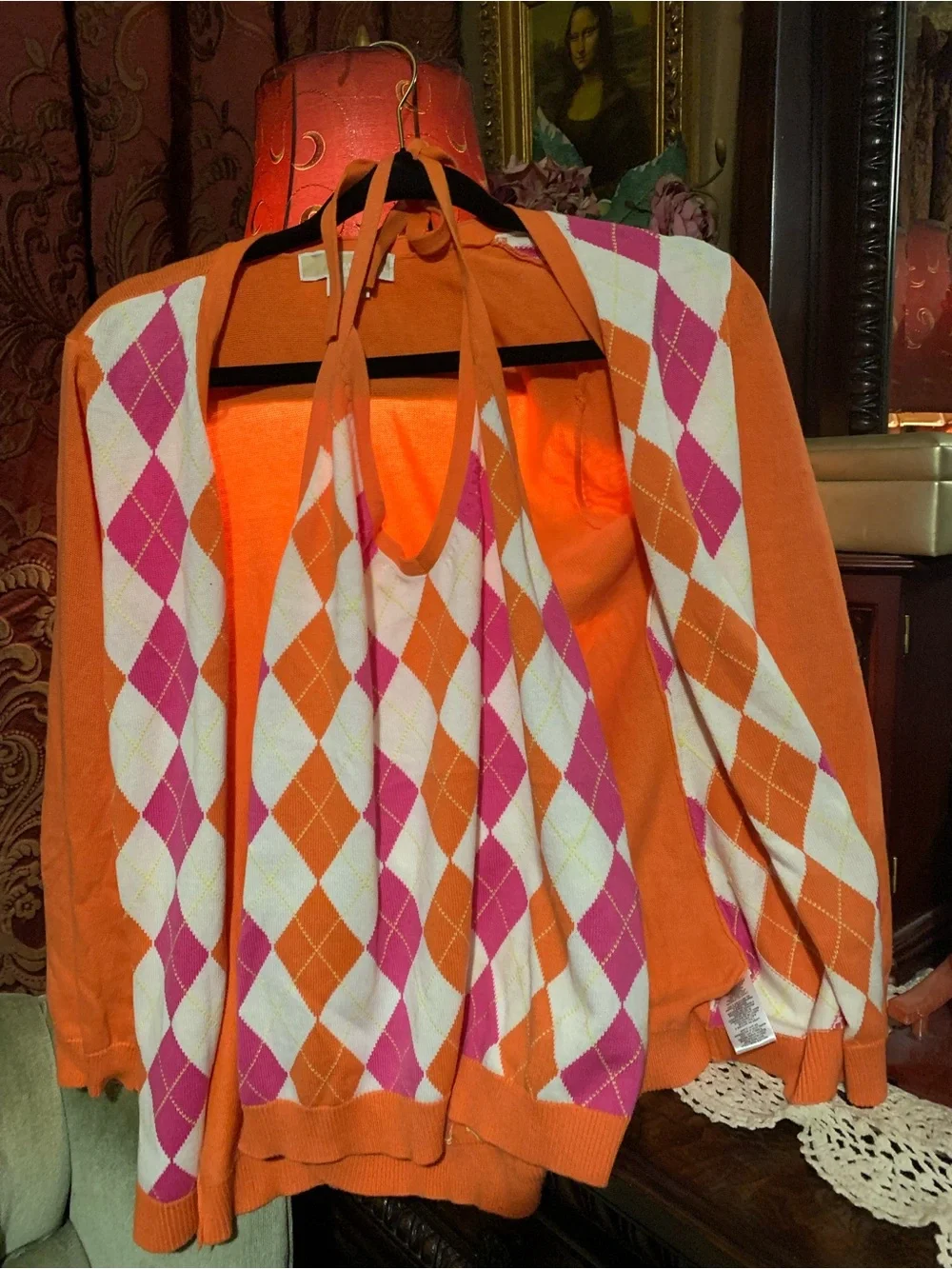Michael Kors Orange & Pink Argyle Halter Top with Matching Cardigan